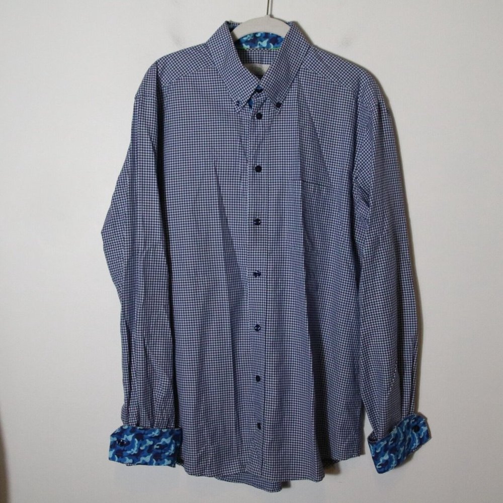 Eton Men Blue Gingham Flip Cuff Dress Shirt Large Slim Fit Camo Cuff Button Down